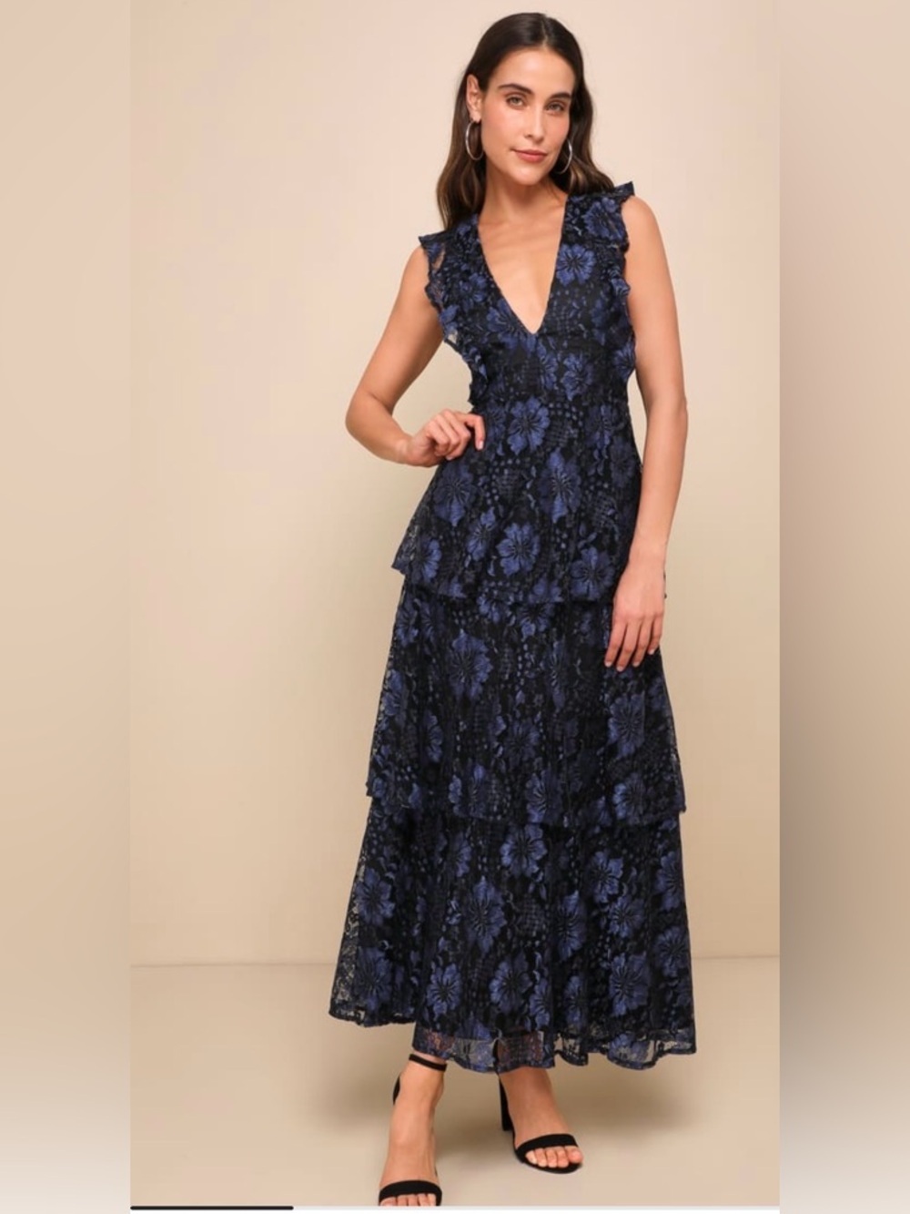Lulu's Navy and Black Floral Lace Maxi Dress